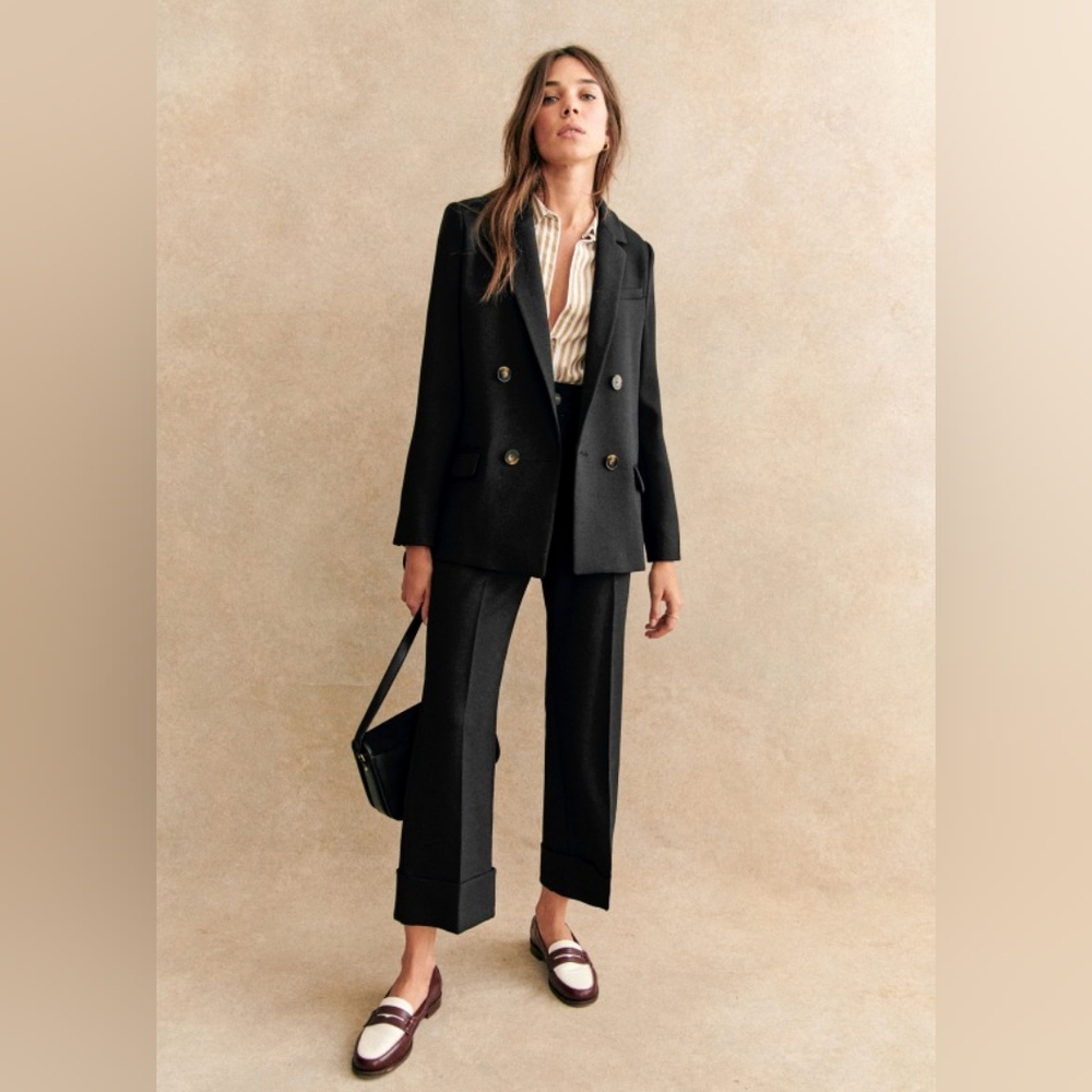 Sezane Christie Black Wool Blend Blazer Double Breasted Euro Size 44 or US 10